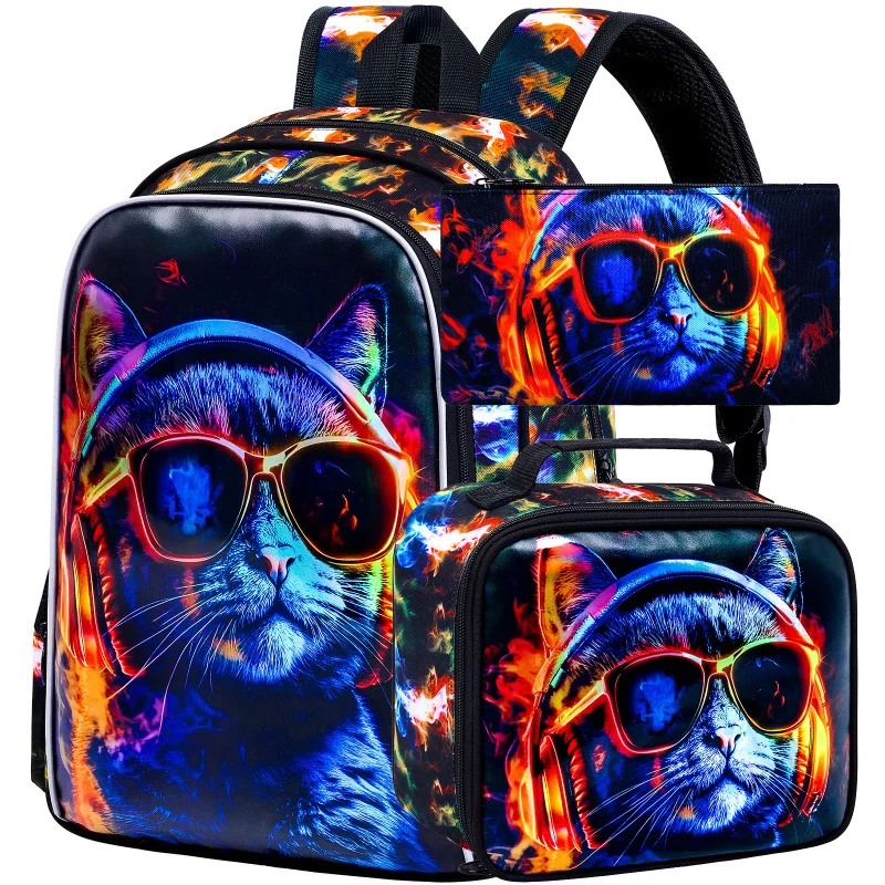 

3PCS Boys Sunglasses Cat Backpack, Kids Space Bookbag with Lunch Box, School Bag for Elementary Preschool Toddler