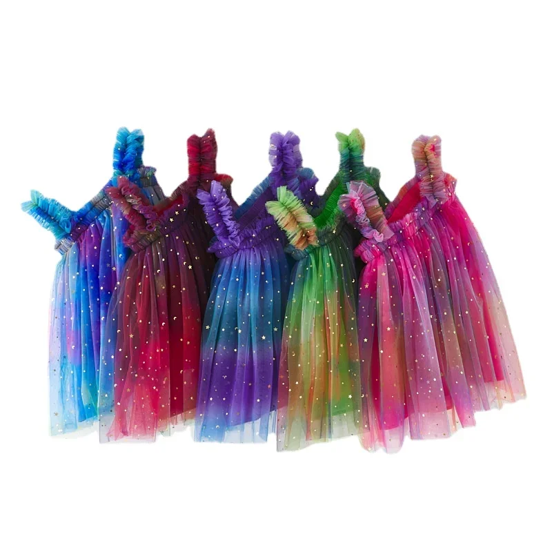 

Lolita Rainbow Gradual Star Moon Slip Dress Princess Mesh Fluffy Dress Children Party Fashionable Sequin Dress 1-6T