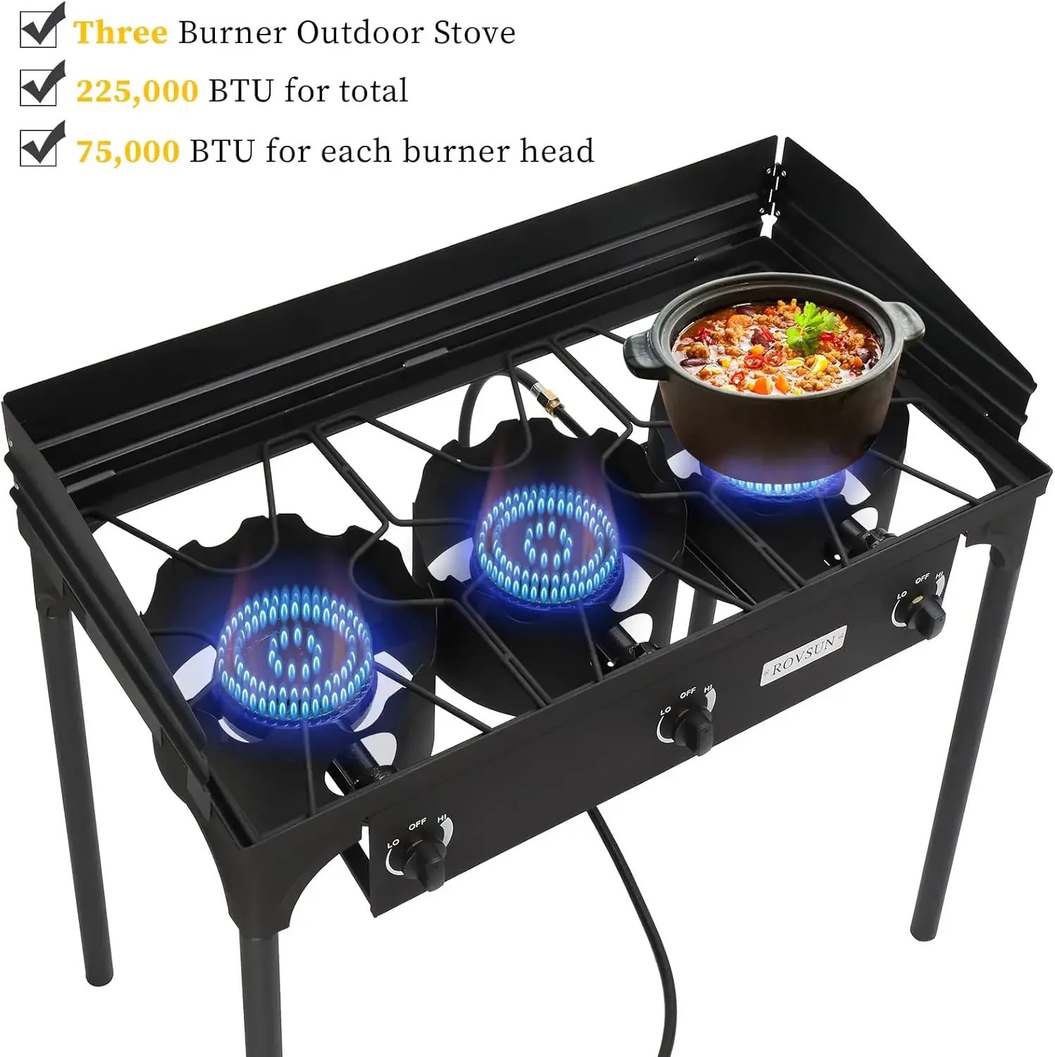 3-Burner Outdoor Portable Propane Burner Stove 225,000-BTU Gas Cooker with Windscreen & Carrying Bag, Heavy Duty Iron Cast Patio