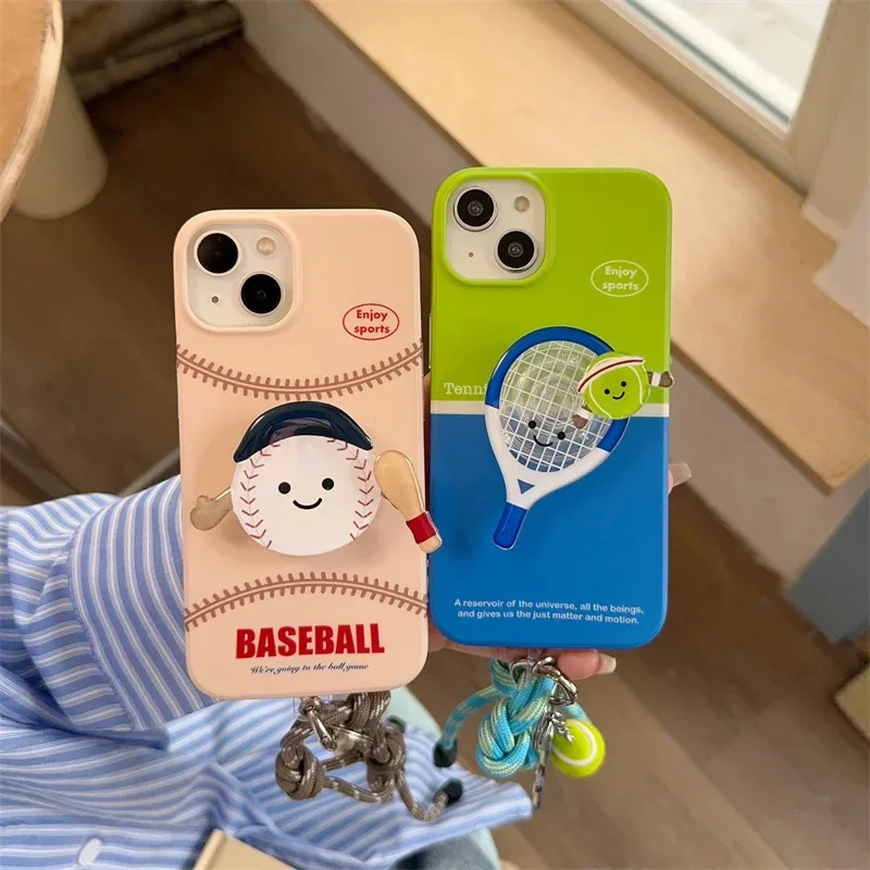 

Fun baseball tennis stand phone case with hanging rope For iPhone 12 13 14 15 16 pro max
