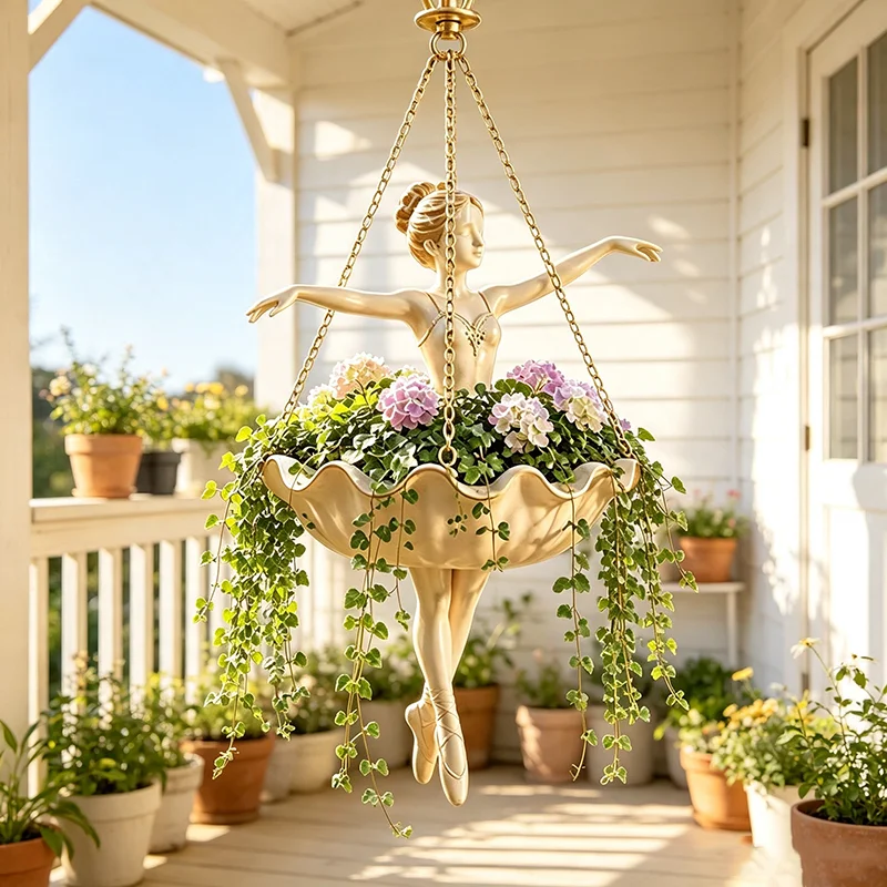 Ballettmädchen Hängepflanzgefäß aus Kunstharz, Kreatives Ornament für Außenbereich, Garten, Balkon, Dekoration, Hängender Blumentopf – Detail 1