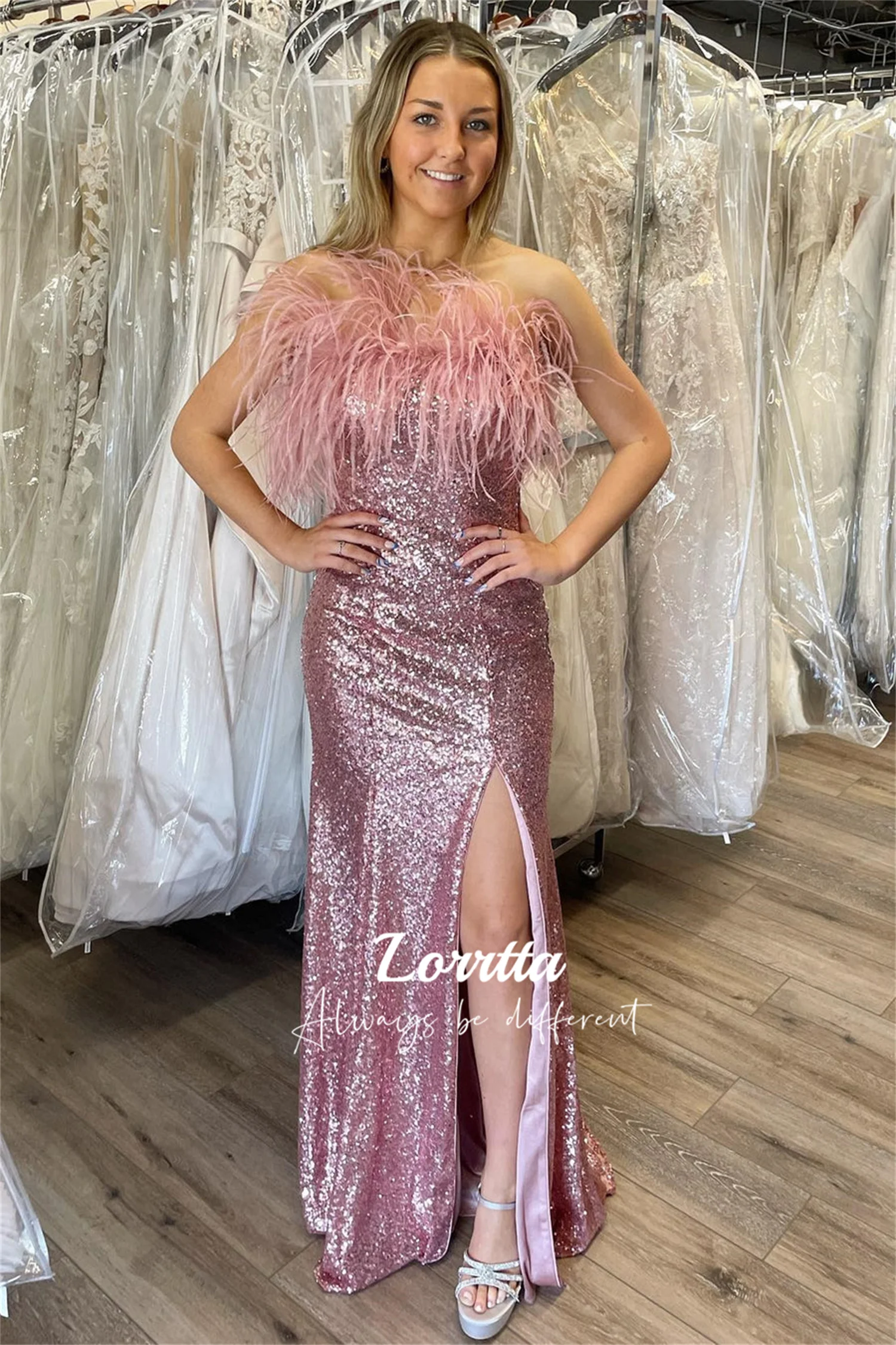 

Lorrtta Pink Sequin Feather Beach Fishtail Side Slit Evening Dress Prom Dresses Women's Ball Gown Special Occasion Weddings