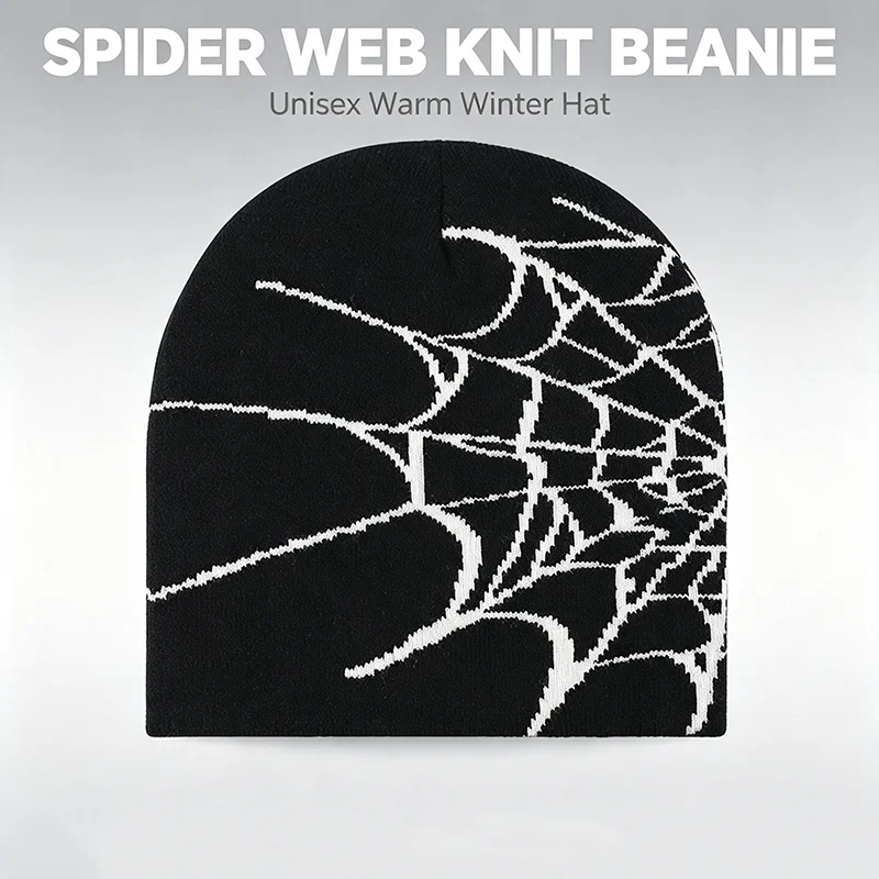 Spider Web Pattern Knitted Beanie Unisex Men Women European Winter Ear Cover Warm No Brim Personalized Thermal Skull Hat