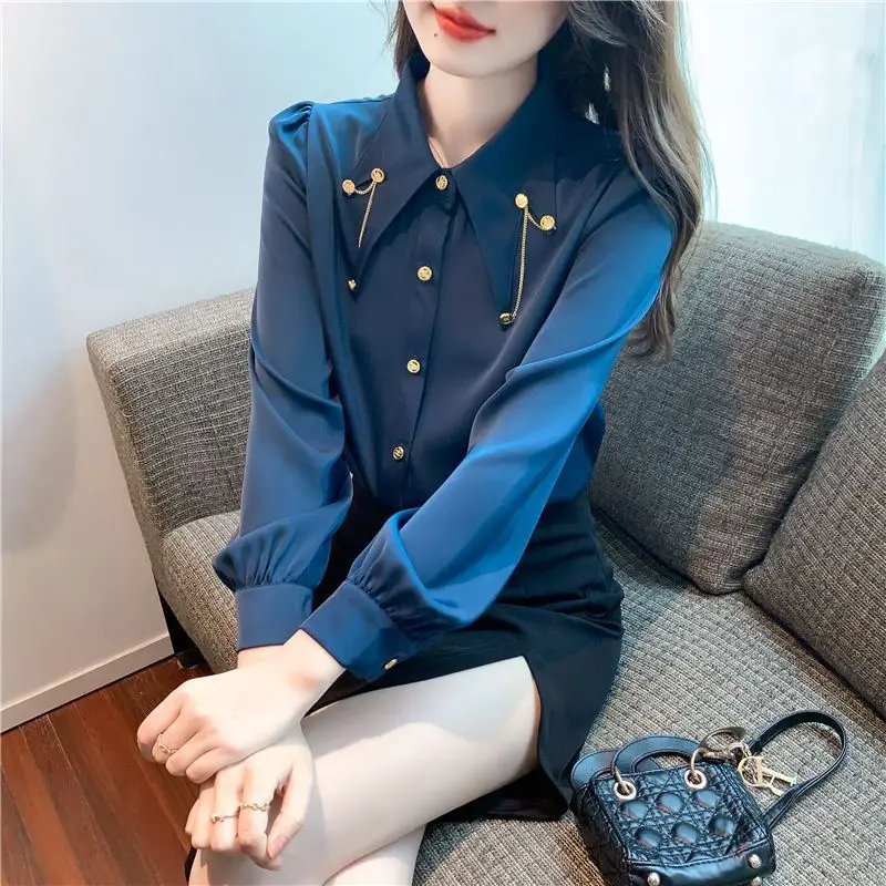 French High-end Pointed Collar Shirt for Women New Western-style Chiffon Shirt Fashionable Chain Splicing Top