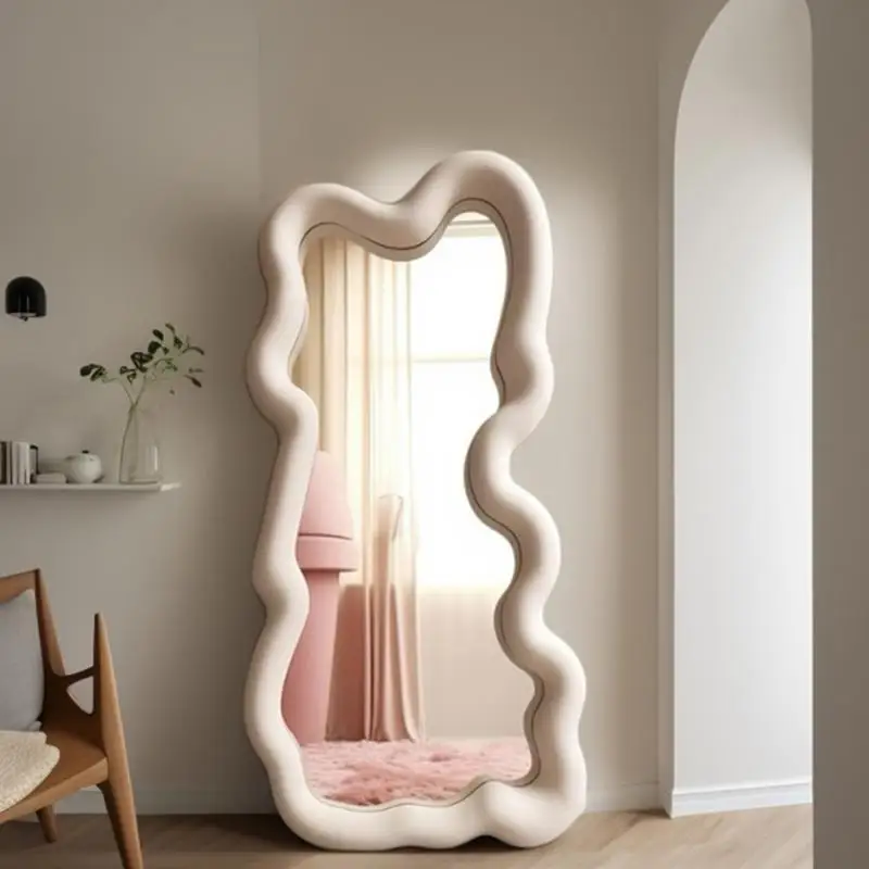 

Asymmetrical Frame Mirror, Abnormity Design Modern Minimalist, Cream Wavy Aesthetic Dressing Mirror