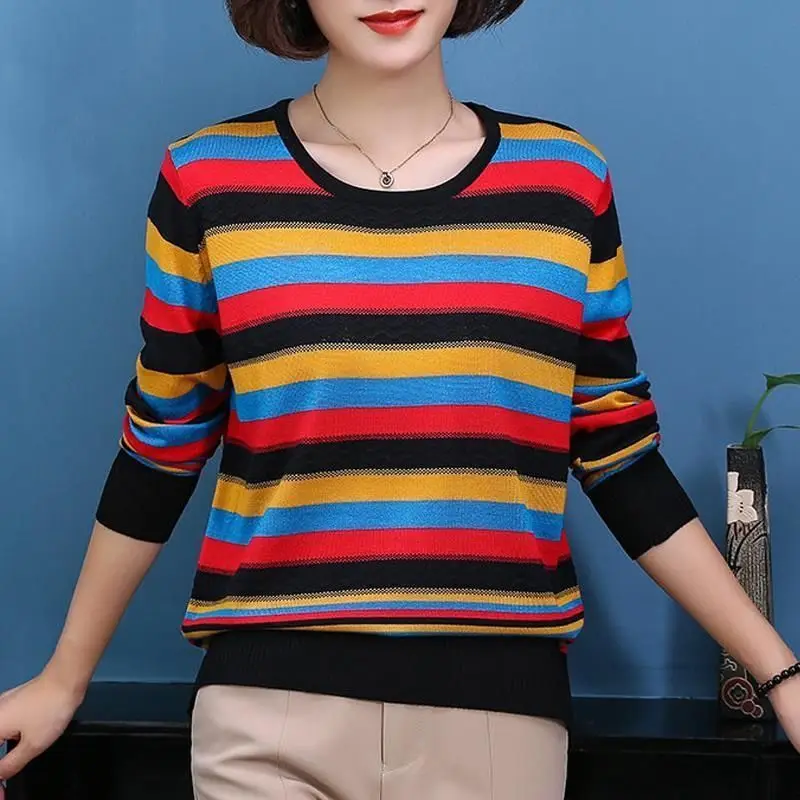 2023 Spring Autumn Fashion Thin Striped Knitted Tops Women's Clothing Korean All-match O-Neck Screw Thread Pullovers T-shirt