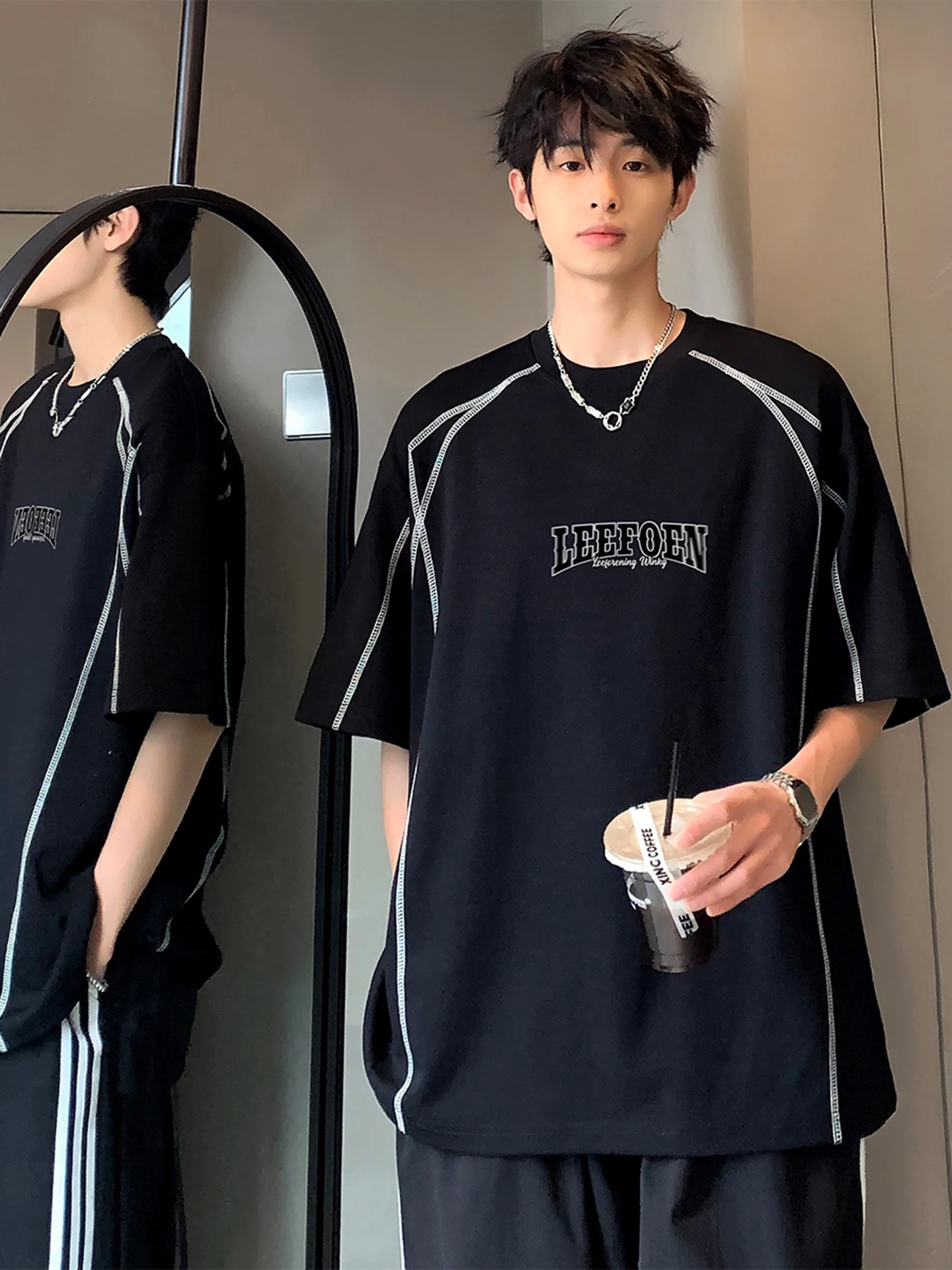 

American Style Heavyweight Short Sleeve T-Shirt Men's Summer New Trend Brand Letter Print Stitching Design Loose Half Sleeve