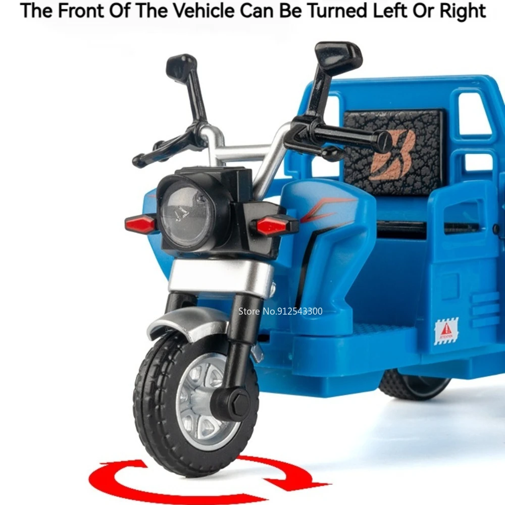 Modelo de triciclo de aleación a escala 1:15, coche de juguete con luz de sonido, modelos de vehículos de transporte fundidos a presión de Metal, adornos de regalos para niños