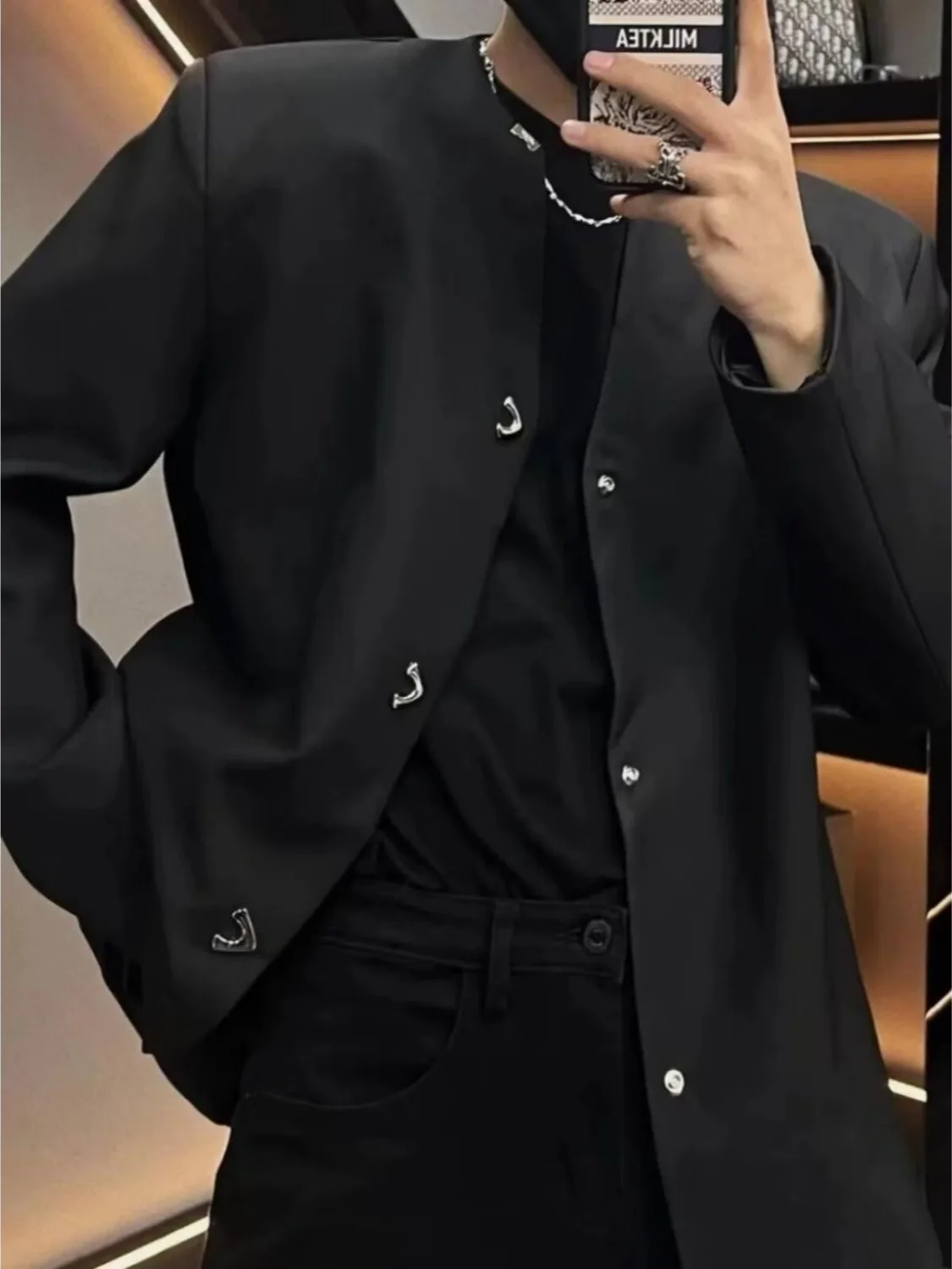 New Chinese Style Men's Suit Jacket V-Neck Single Button Casual Western Coat Autumn Fashionable Polyester Fiber Anti-Wrinkle