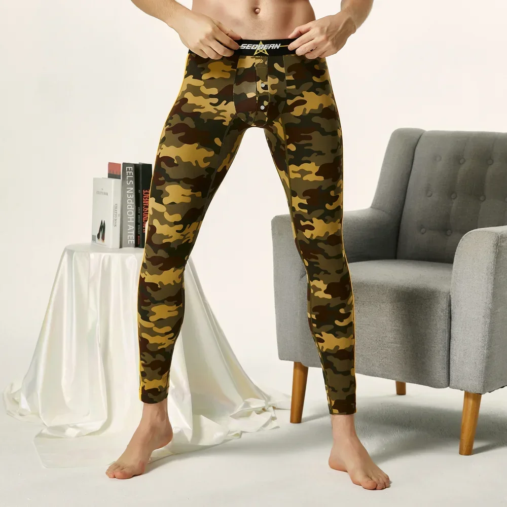 SEOBEAN-Men\'s Sexy Camouflage Side Strips Cotton Long Johns, Low Rise Thermal Underpants, New