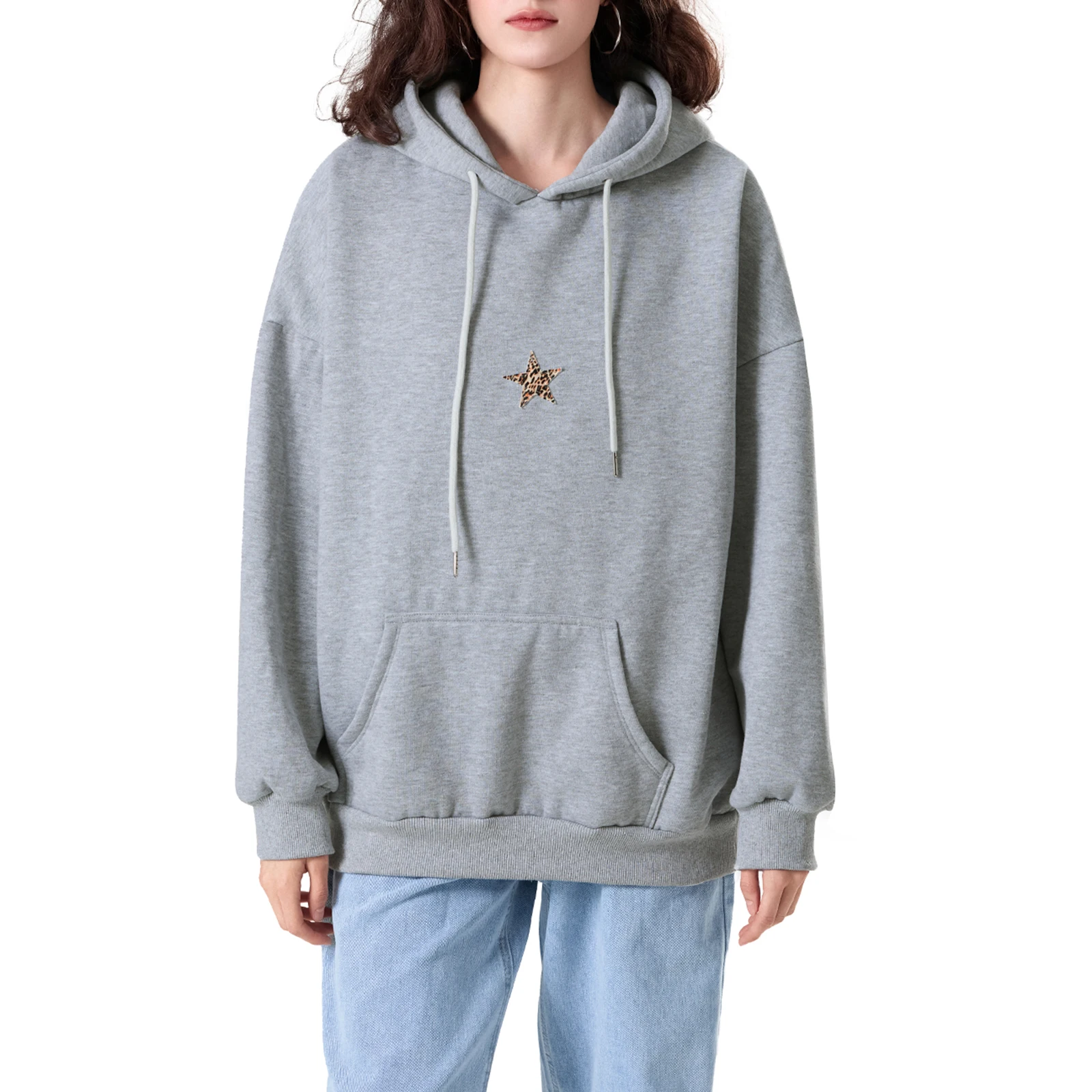 2024 Winter Women's Loose Long Sleeve Star Print Pullover Hoodie Gray Hooded Sweatshirt with Front Pocket for Fall Streetwear