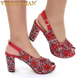 Venus Chan African Fashion Wedding High Heel Sandals 2022 Italian Full Diamond Design Red Color Party Women Shoes