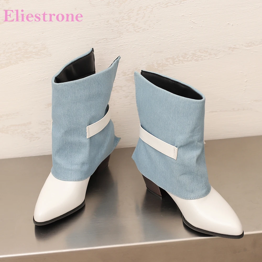 

2025 Новые зимние милые бело-коричневые женские ботинки до середины икры с острым носком на высоком каблуке, женская обувь для вечеринок, большие размеры 12, 436, 48