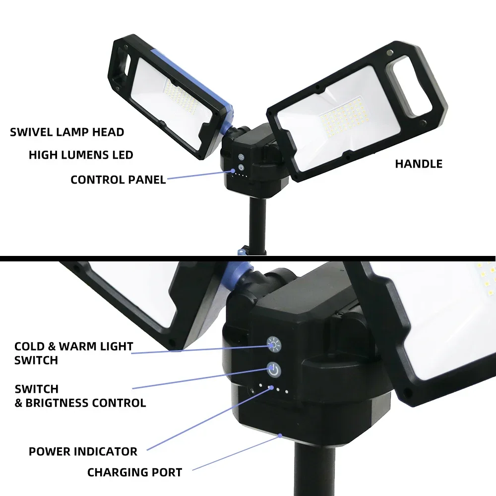 5000 lumen Portable Rechargeable Twin Head COB LED Tripod Working Light Flood Foldable Led Tripod Work Light Tripod