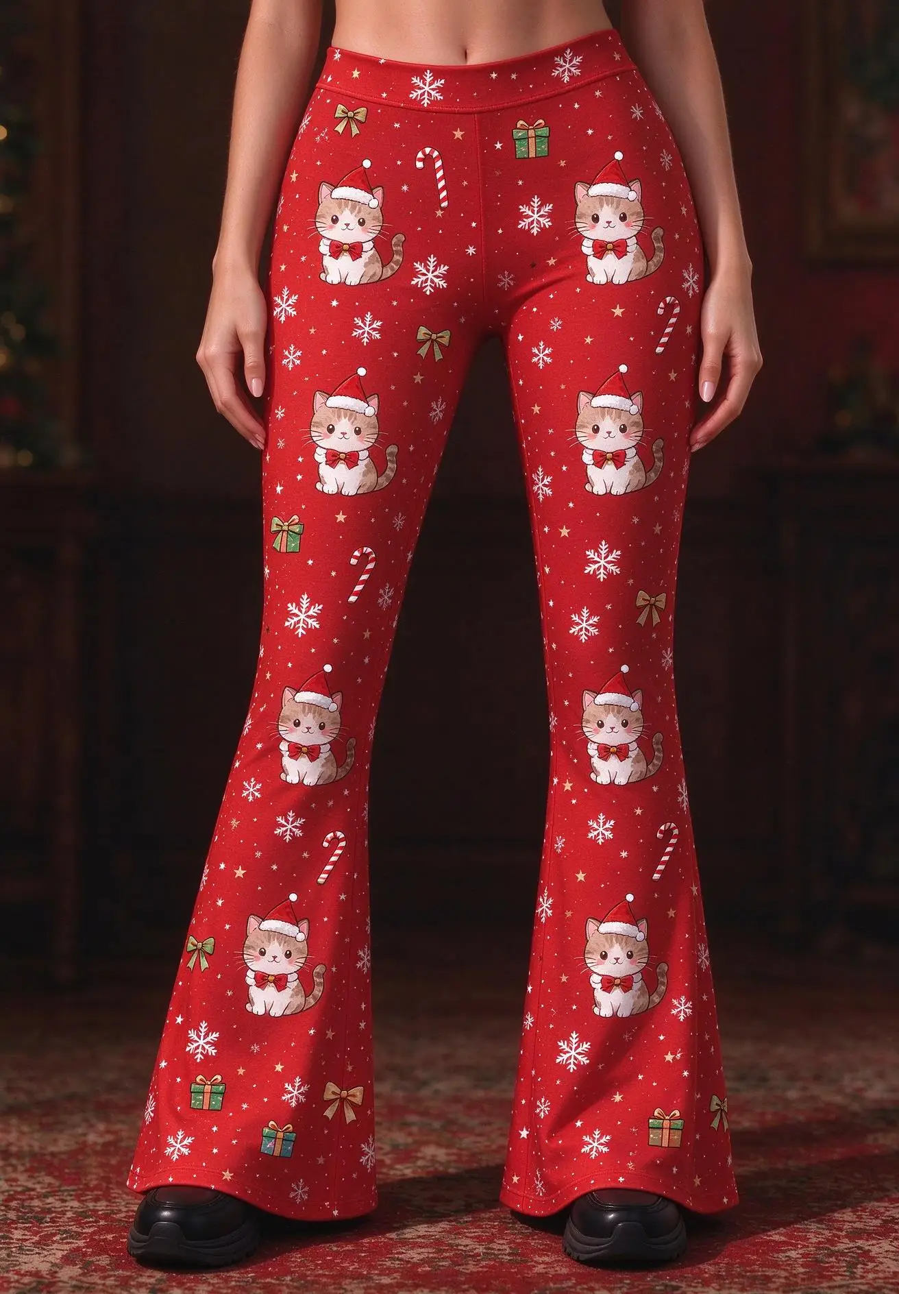 Women Mid-Rise Slim Flared Pants Red Reindeer Snowflake Print Stretch Bell Bottoms Ladies Christmas Holiday Party Trousers