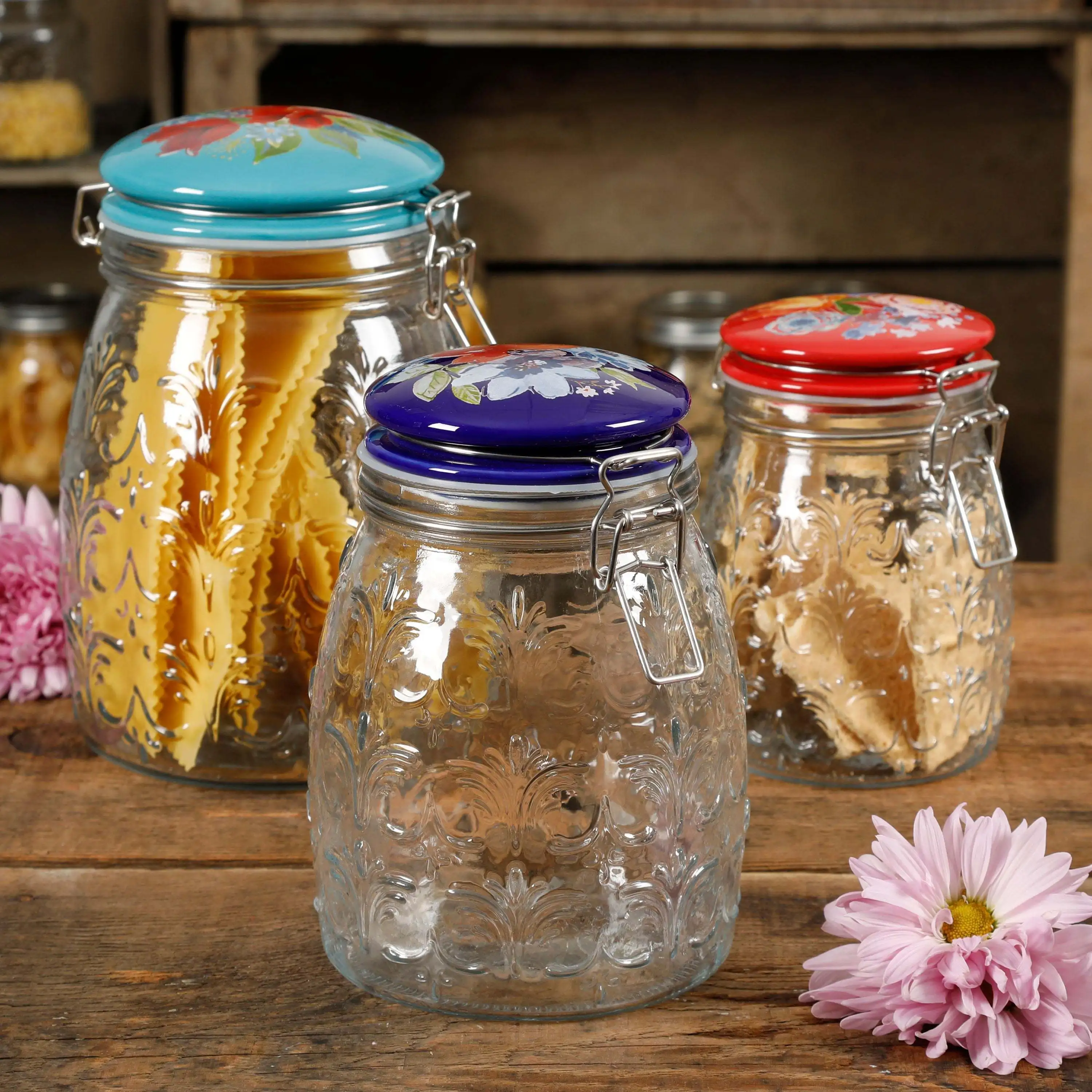 

relief clip jars, set of 3, made of clear glas