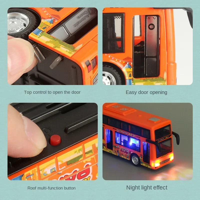 Double-Decker Bus Model Diecast Plastic Pull-Back Bus Inertia Light City Tour Bus Car Collection Toys Gifts for Children Kids
