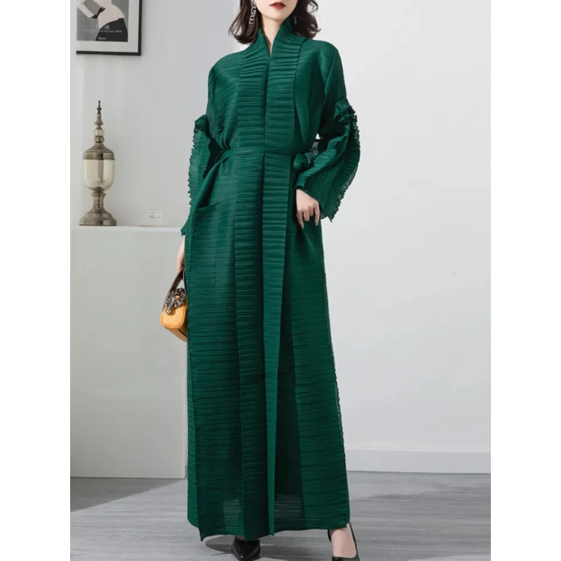 

Miyake Pleated Petal Sleeve Dress Lapel Cardigan Sashes High Fashion Loose Long Dresses Fall 2022 Winter Women Designer Clothes