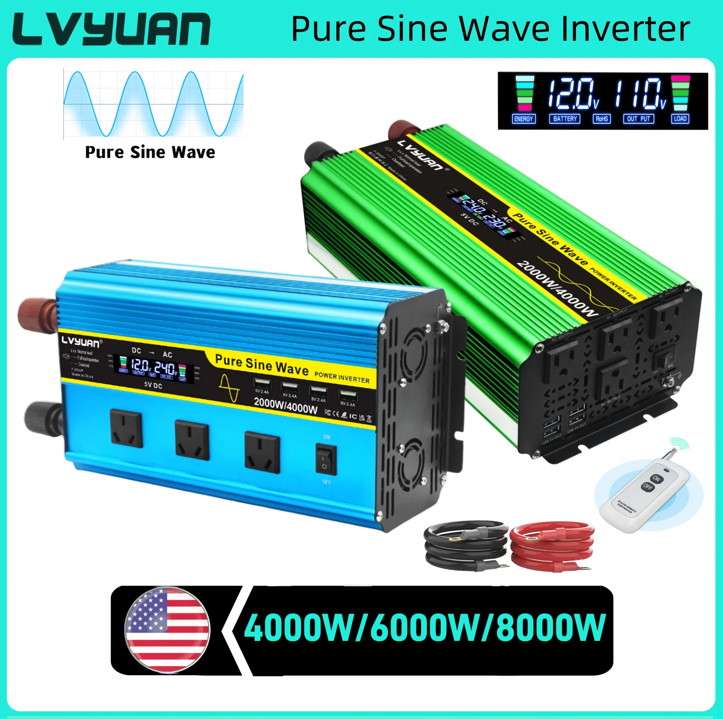 LVYUAN نقية شرط لموجة العاكس DC12V 24V-AC110V 8000 واط/6000 واط/4000 واط عاكس الطاقة للغلاية/وعاء كهربائي/ثلاجة صغيرة