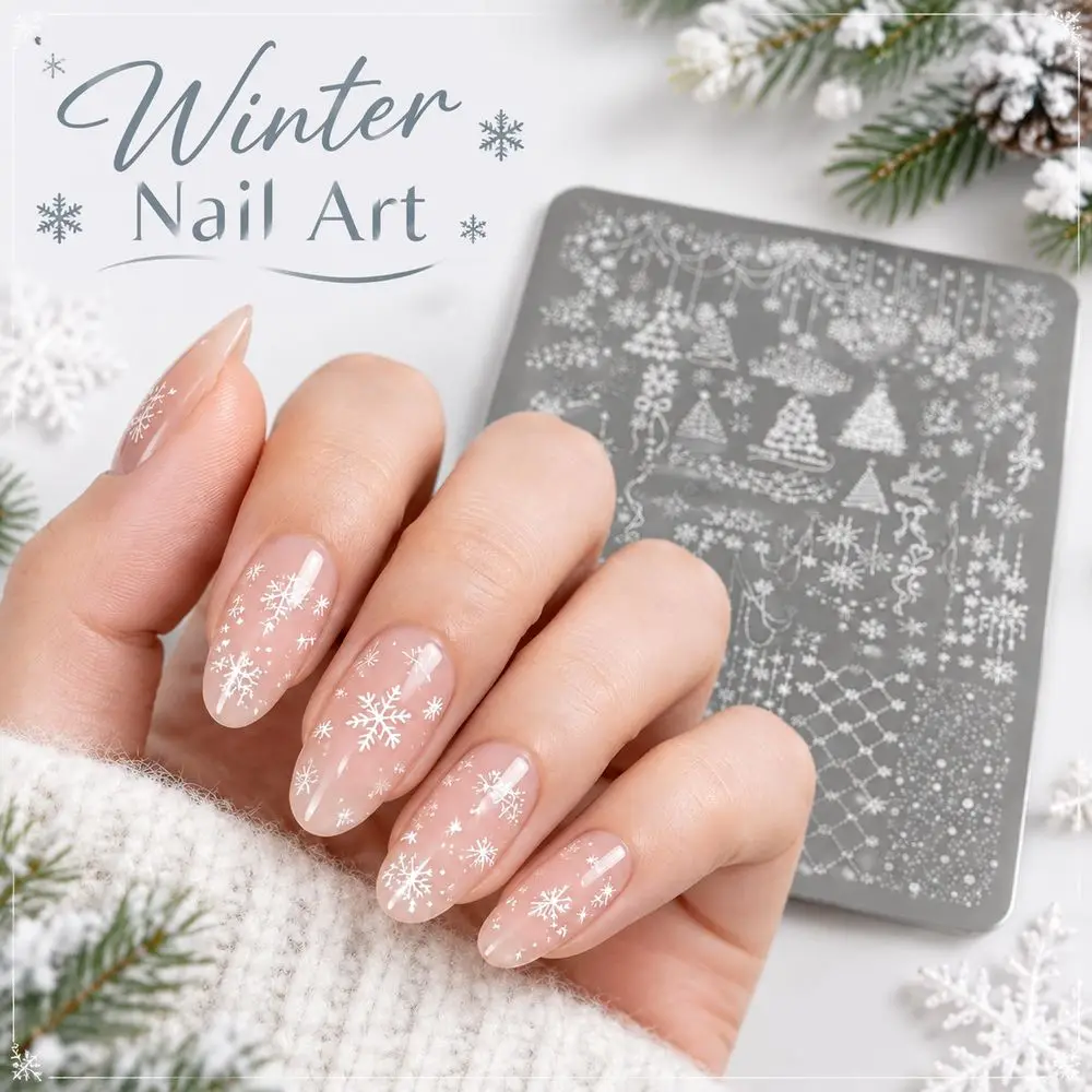 1Pc Xmas Tree Transfer Plate Girly Snowflake Reindeer Bell Lights Metal Reusable For Nail Art Winter Holiday Manicure DIY Kit