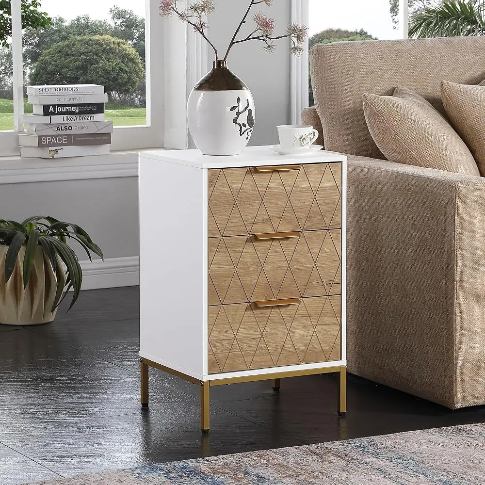 

Nightstand With 3 Drawers, Mid- Modern End Table, Bedside Table, End Table For Bedroom,White And Natural