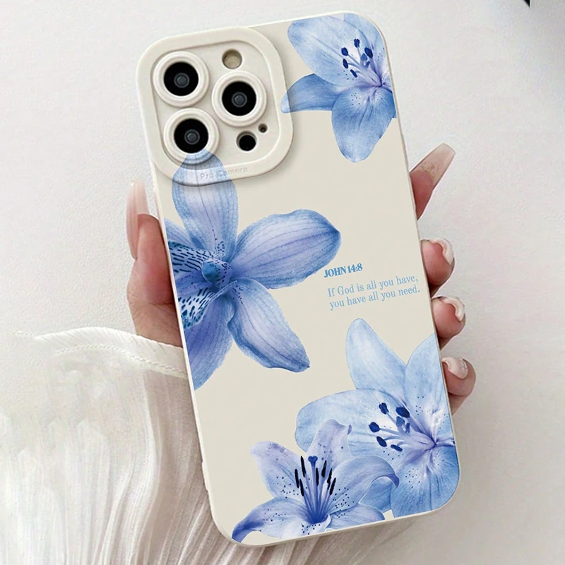 Blue Floral Painted Silicone INS Phone Case For iPhone 17 16 15 14 13 12 11 Pro Max 7 8 Plus XS XR 16e Shockproof Soft TPU Cover view 6