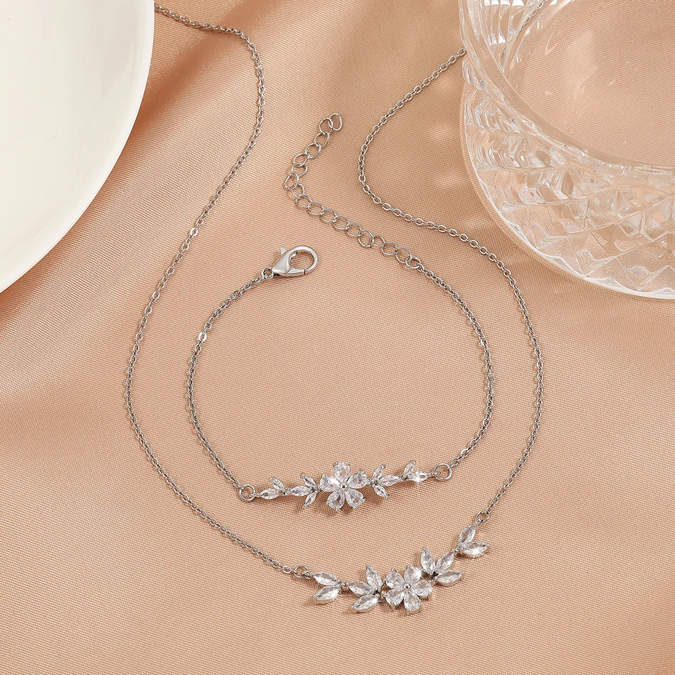 ZAKOL elegante brillante hoja de circón flor encanto pulsera collar caja de embalaje 3 piezas conjunto regalos de joyería únicos para mujeres