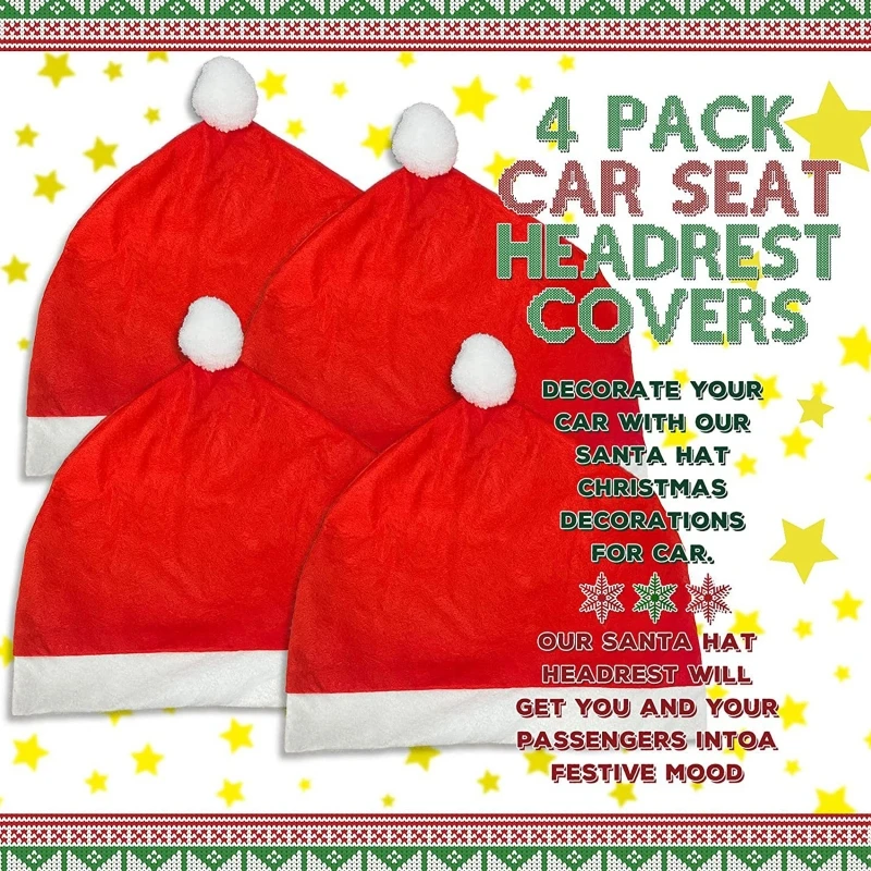 

Christmas Santa Hat Car Headrest Cover 4pcs Cloth Soft Car Seat Protector for Home New Year Xmas Party Decoration