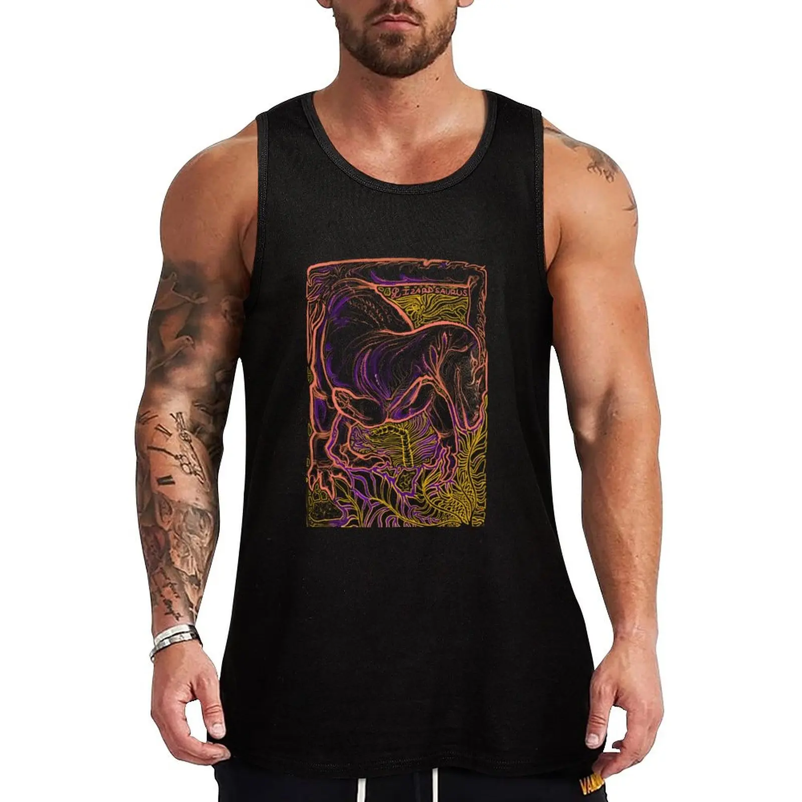 Dinoshapes: Allosaurus - Black&Gold, paleoart dinosaur lineart design Tank Top Men's t shirt sleeveless