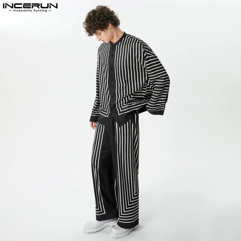 INCERUN 2024 set di stile americano nuove camicie con colletto alla coreana a righe moda uomo pantaloni lunghi Casual Streetwear set di due pezzi