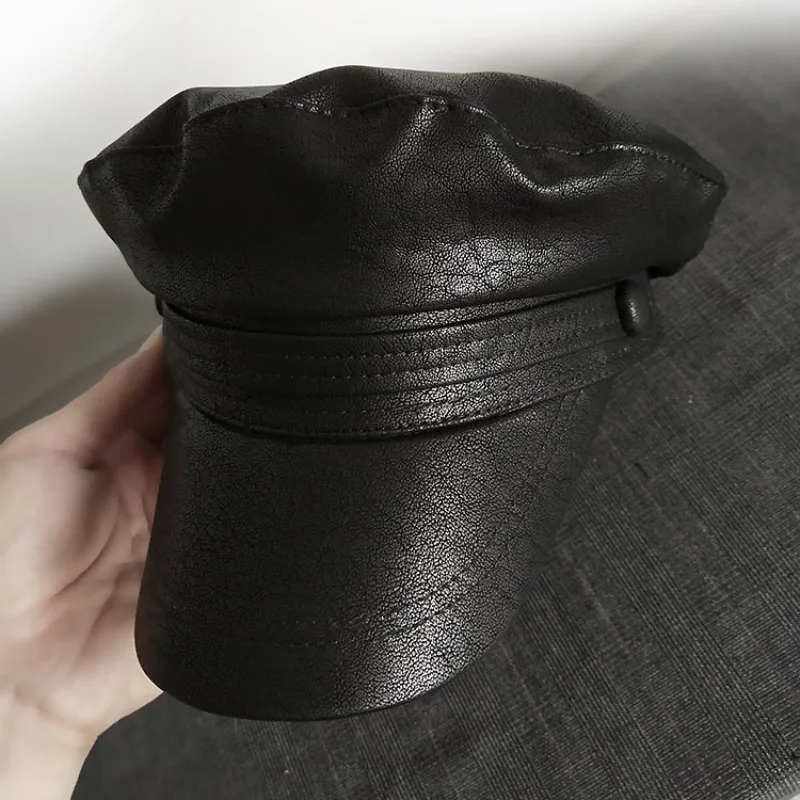 black-leather-navy-knight-hat-korean-newsboy-peaked-beret-for-women-autumn-winter