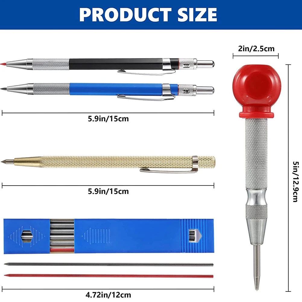 2 PCS Carpenter Pencils with Marker Refills, 1 x Carbide Tip Scribe and 1 x Automatic Center Punch, Carpenter Scriber