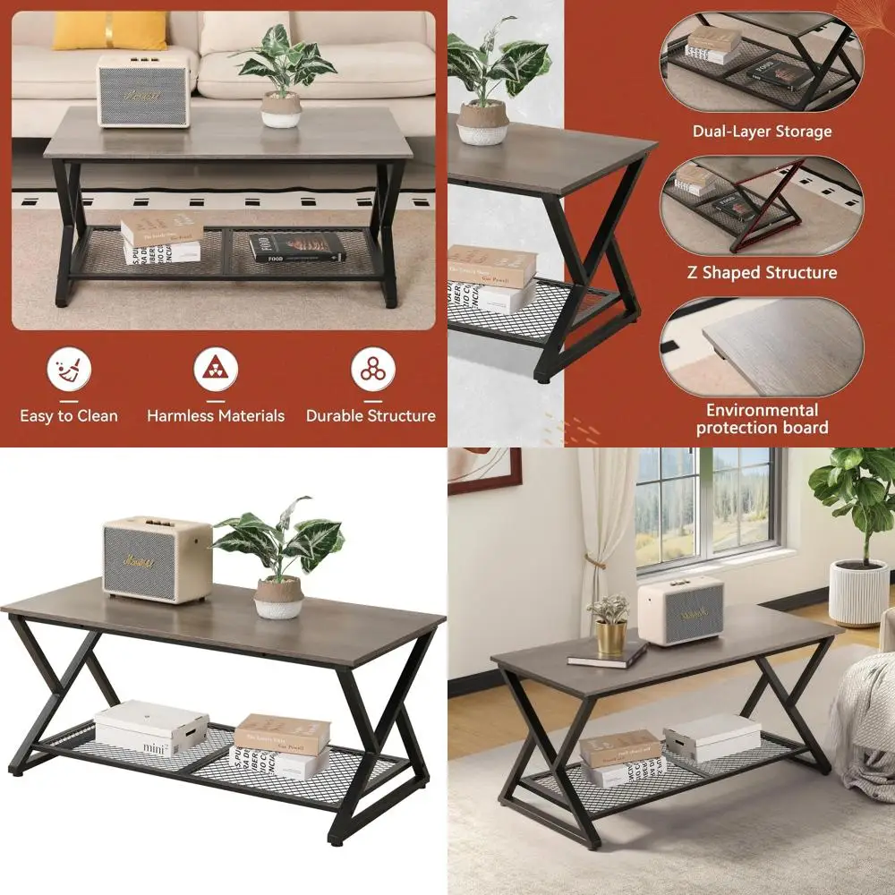 

Industrial Style Metal and Wood Coffee Table with Storage, 39 Rectangular Vintage 2-Tier Shelf, Grey