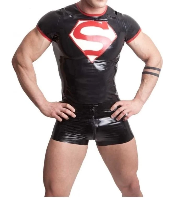 

Latex Fantasy Outfit Suit Latex Super T-Shirt With Short Pants Zip Crotch