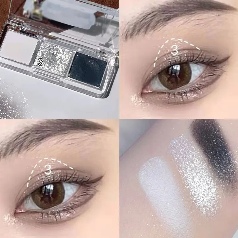 Paleta de sombras de ojos con lentejuelas nacaradas, tres colores, mate, rosa, rosa, gris oscuro, verde, brillo, pigmento de larga duración, cosméticos