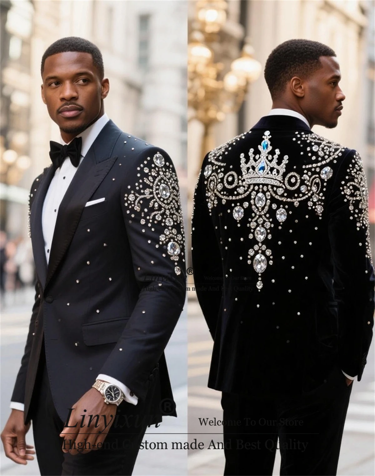 

Stunning Beaded Crystals Tuxedos Men Suit 2 Pieces Sets Groom Wedding Male Party Slim Fit Customized Ropa Blazers Costume Homme
