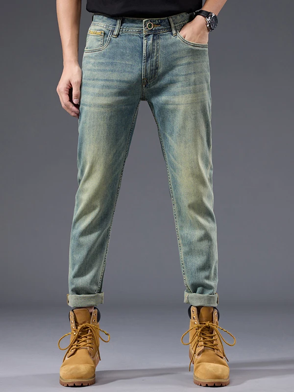 

Retro Men's Jeans Straight Leg Autumn Winter Washed Slim Fit Casual Versatile Thick Denim mid Waist Zipper Fashion Urban Wear