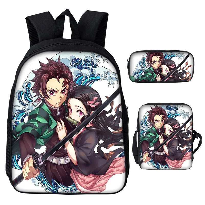 Anime Demon Slayer Plecak Chłopcy Dziewczynki 3-częściowy zestaw tornistrów Studenci Bookbag Torby na ramię Torba na długopisy Tornister szkolny Mochila