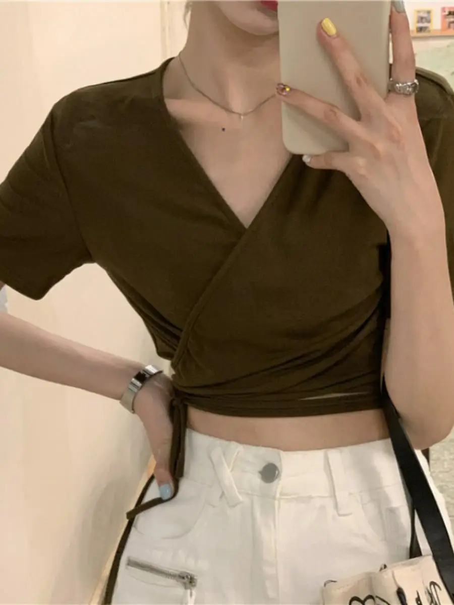 Slim Fit V-Neck T-Shirt Women's Short Sleeve Student Top Black Belt Design Summer New Arrival Fashionable Commute Style Pure ...