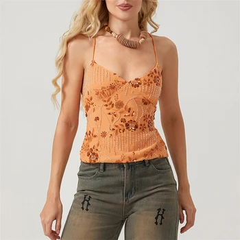 Summer Women Y2k Sequin Halter Crop Tops Pearl Embellished Cami Tops Summer Glitter V Neck Rhinestone Camisole Tank Shirt 6 Summer Women Y2k Sequin Halter Crop Tops Pearl Embellished Cami Tops Summer Glitter V Neck Rhinestone Camisole Tank Shirt 6