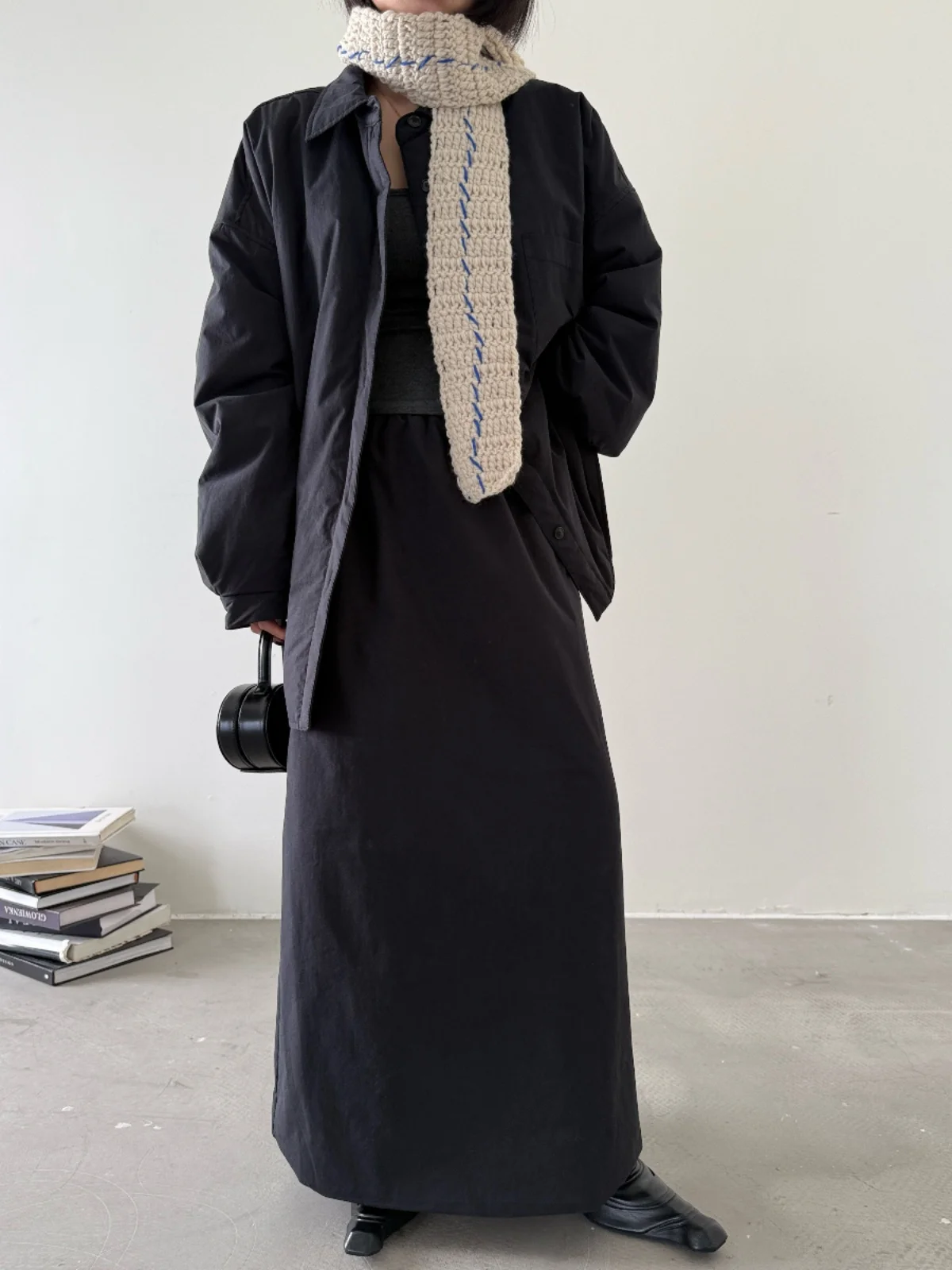 

Thiened Cotton irt Bla A-Line Skirt Lazy Sle Women's Winter Faion Long Sve Single Button Pure Color Tagkita Brand