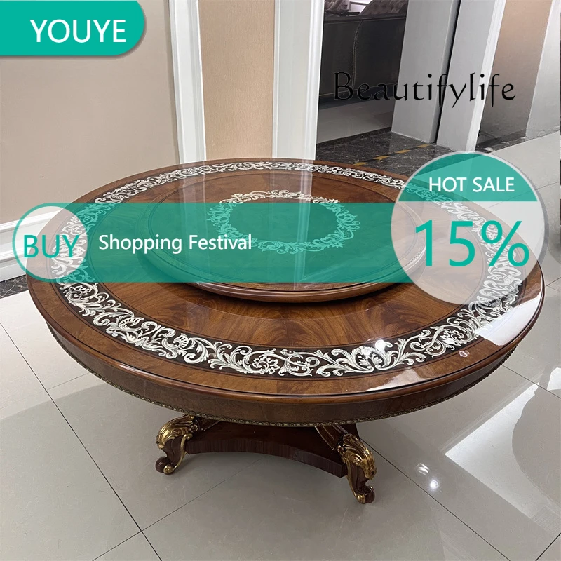 

Европейский обеденный стол из массива дерева, классический, с инкрустацией перламутром, круглый, с поворотным механизмом, в западном стиле, 1,5 метра