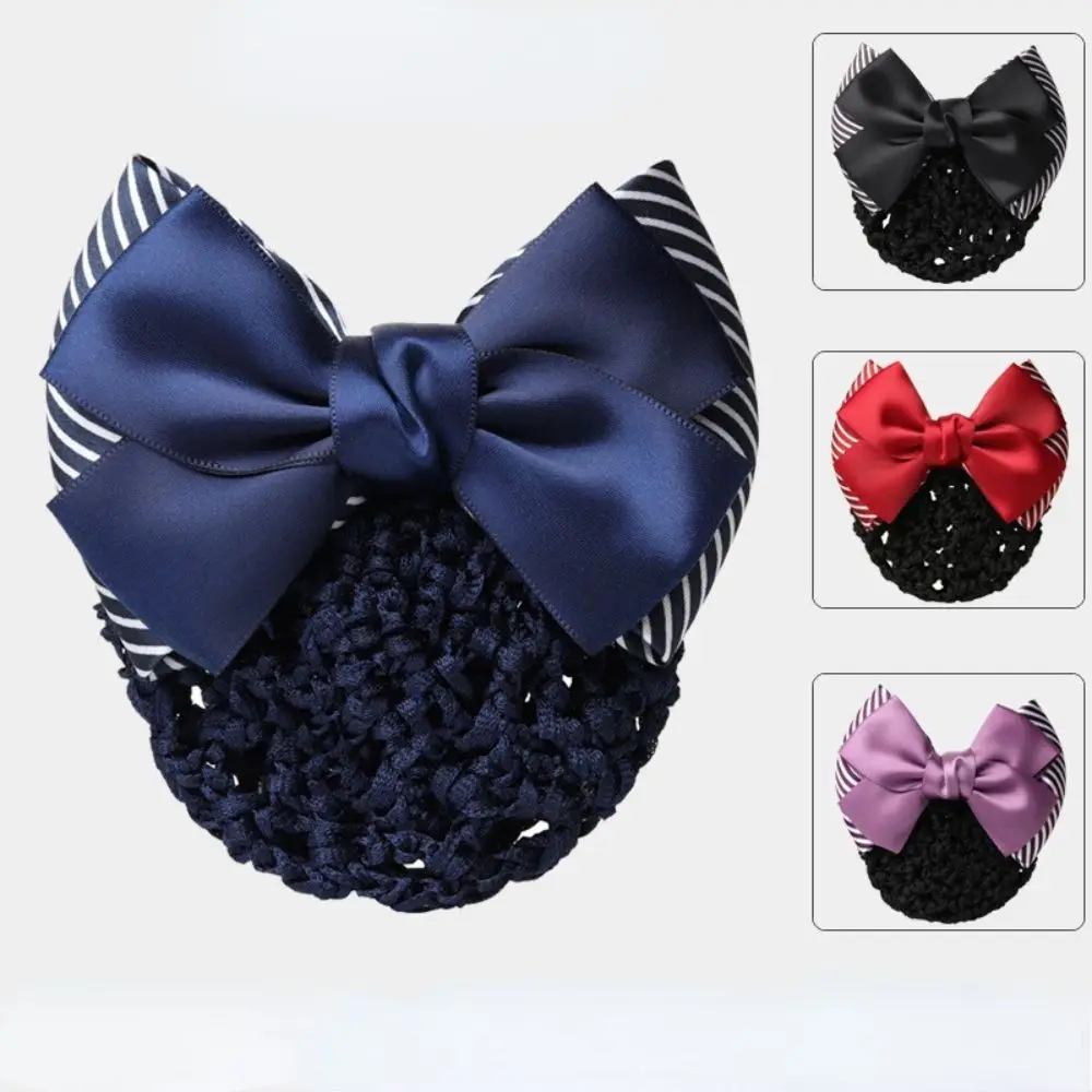 

Bank Teller Office Lady Bowknot Stripe Hair Accessories Net Bun Hair Cover Net Bun Snood Net Bun Crochet Women Barrette