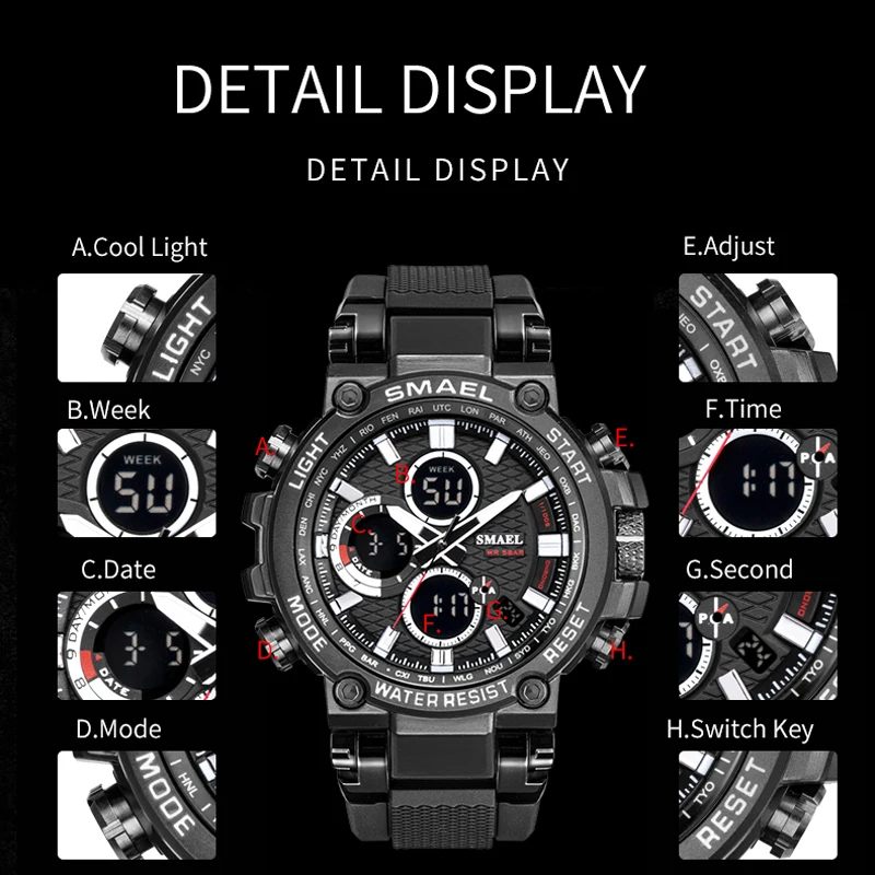 SMAEL Men Sport Watches Digital Double Time Chronograph Watch Mens LED Chrono Week Display Wristwatches Male montre homme Hour