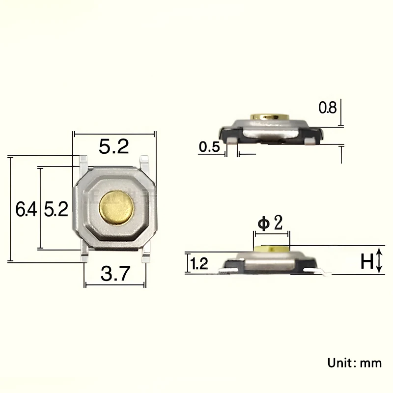 100 Stück taktile Schalter 5,2 x 5,2 Smd-Drucktaster 4 x 4 x 1,5 mm/1,6/1,7/1,8/1,9/2/2,5/3/3,5/4/4,5/5/6/7/8/9 12 V Kupferkopf selbstrückstellend – Detail 6