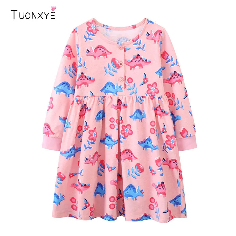 TUONXYE Girls Cotton Long Sleeve Dress Cartoon Dinosaur Floral Printed Button Casual Princess Dresses for Toddler Girl