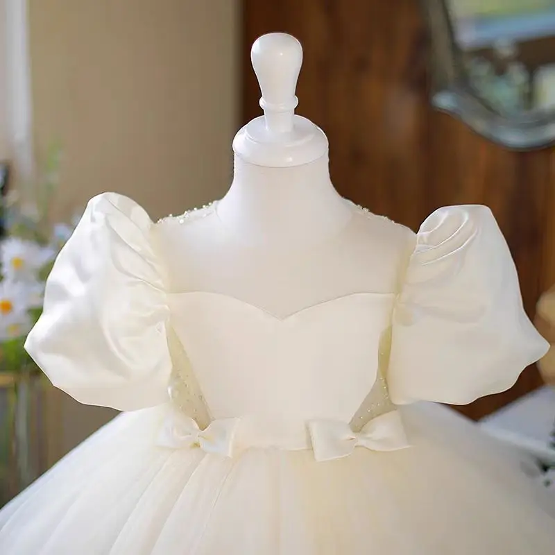 Prosta biała satynowa sukienka dla dziewczynki do sypania kwiatów, na Eid, do kolan, z bufiastymi rękawami, dziecięca sukienka księżniczki na wesele, urodziny, model J477