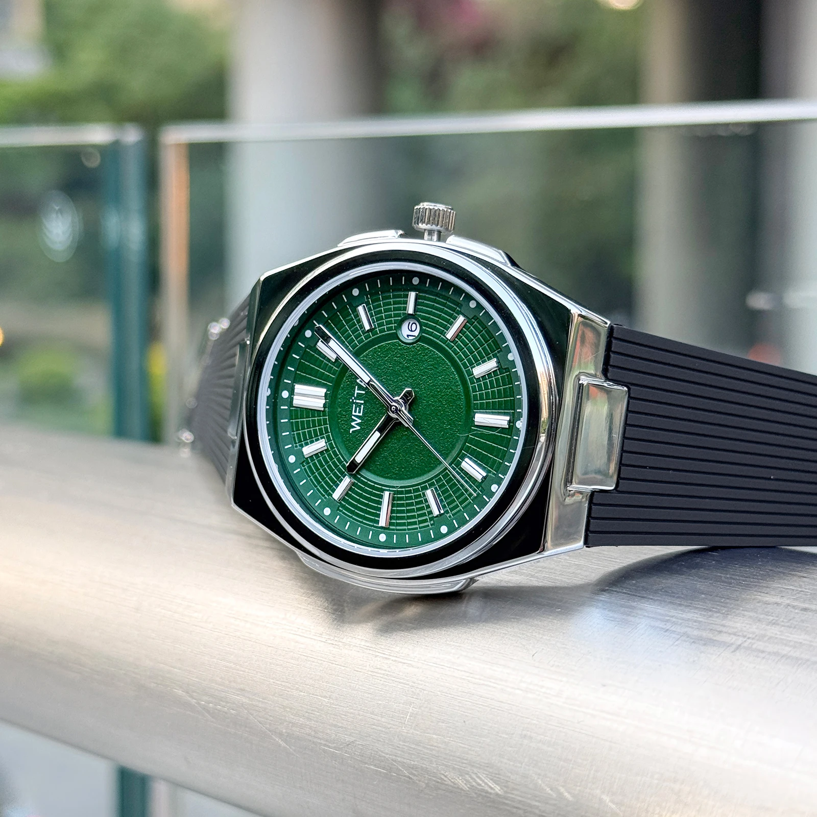 

Weita мужские роскошные 42 мм зеленый циферблат с резиновым ремешком кварцевые часы с дисплеем даты водонепроницаемые простые деловые наручные часы WT1001