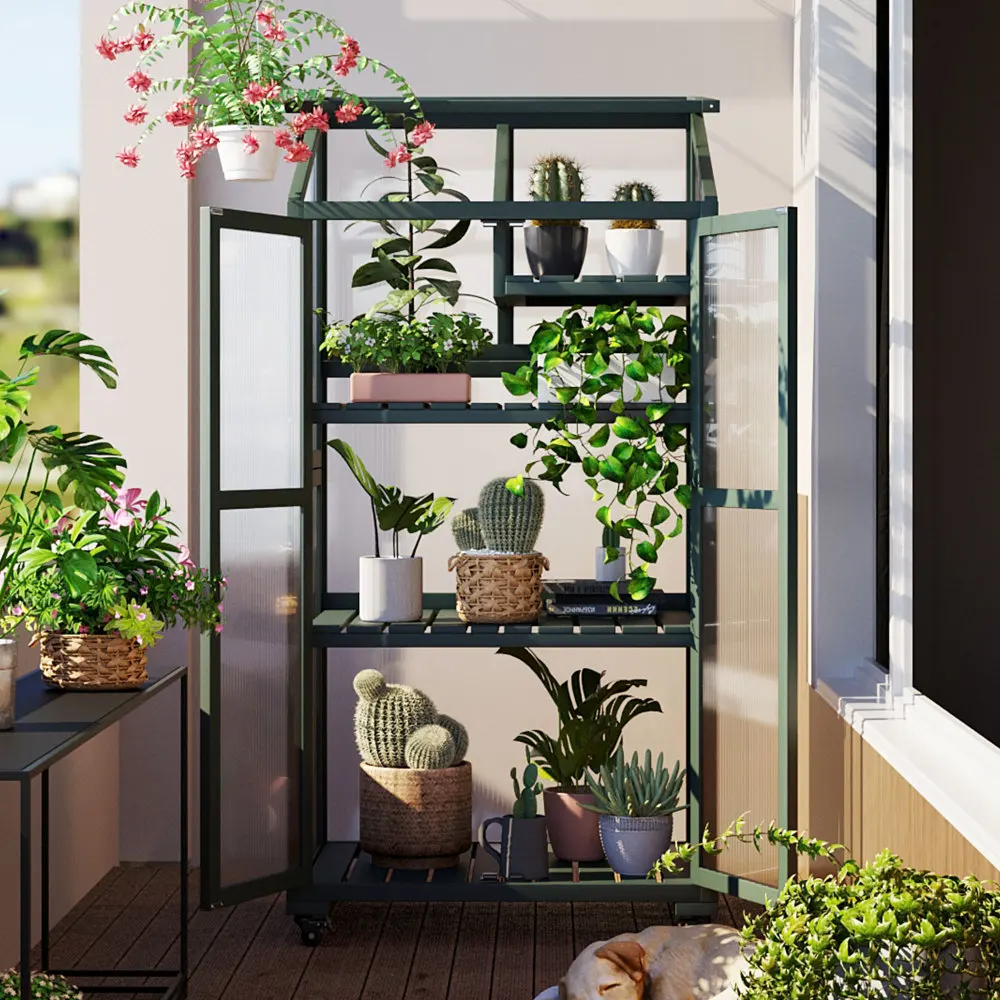 

62inch Height Wood Large Greenhouse Balcony Portable Cold Frame with Wheels Adjustable Shelves for Outdoor Indoor Use