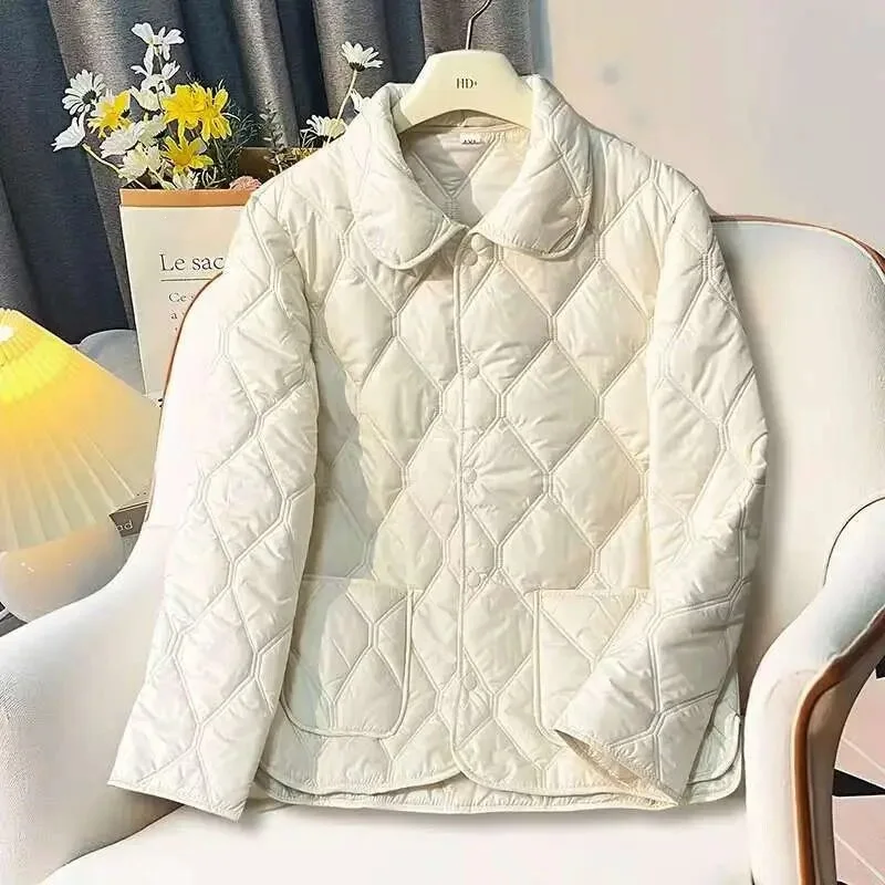 French Elegant Women's Collared Button Down Diamond Quilted Lightweight Short Cotton Jacket Loose Pocket Autumn Outerwear